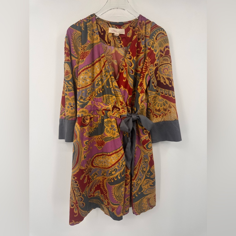 Anthropologie Lilka Silky Robe Belted Paisley Yellow Pink Gray Small | A259